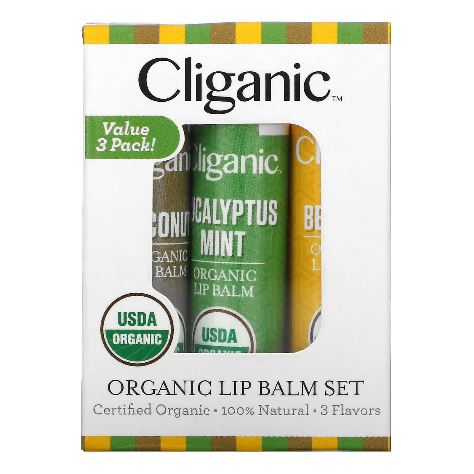 Cliganic, Organic Lip Balm Set, 3 Pack, 0.15 oz (4.25 g) Each