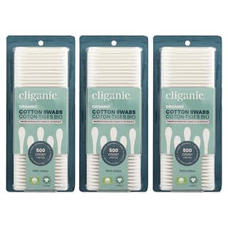 Cliganic, Hisopos de algodón orgánico, 3 paquetes, 500 unidades cada uno