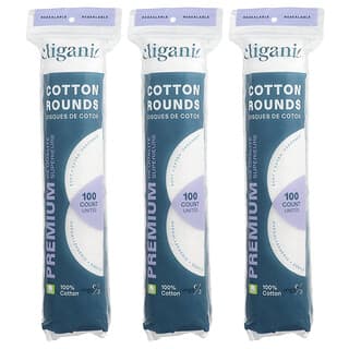Cliganic, Premium Cotton Rounds, 3 Packs, 100 Count Each