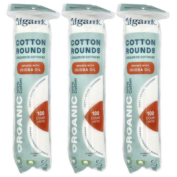 Cliganic, 호호바 오일 함유 유기농 면 라운드 면, 각 3팩, (면 라운드 100개)