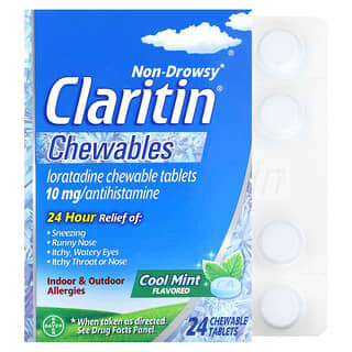 Claritin, Не вызывает сонливости, жевательные таблетки, с прохладной мятой, 10 мг, 24 жевательные таблетки