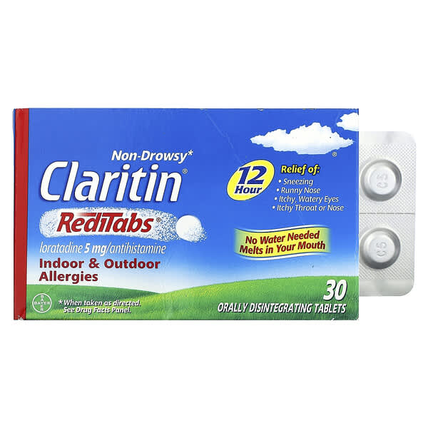 Claritin, RediTabs แบบไม่ง่วงนอน สำหรับบรรเทาอาการภูมิแพ้ในร่มและกลางแจ้ง ขนาด 5 มก. บรรจุเม็ดยาสลาย