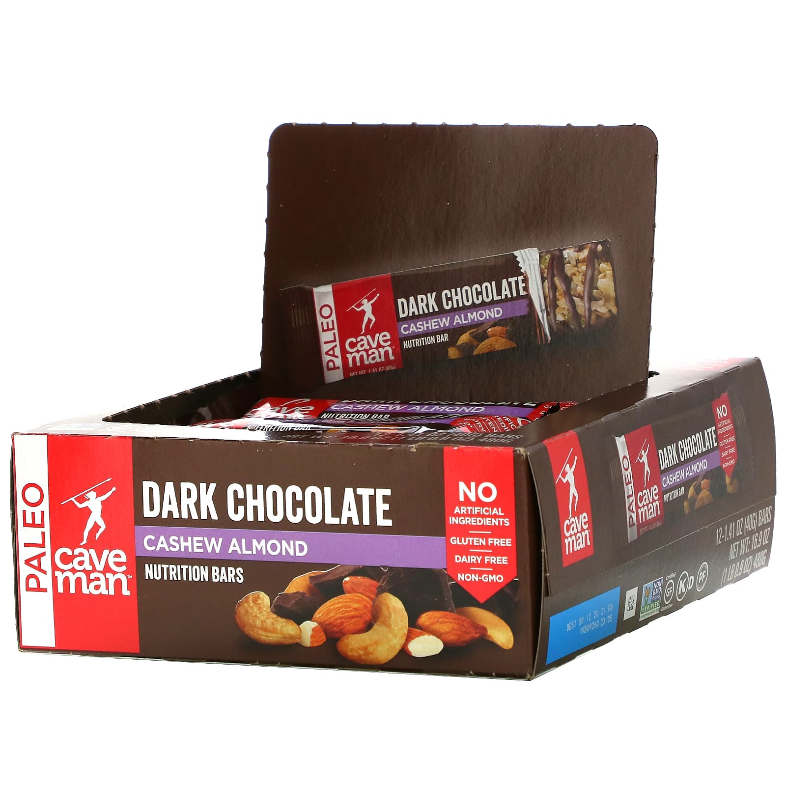 Caveman Foods, Nutrition Bars, Dark Chocolate, Cashew Almond, 12 Bars, 1.41 oz (40 g) Each