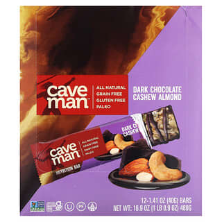 Caveman Foods, Barres nutritionnelles, Chocolat noir, noix de cajou et amandes, 12 barres, 40 g chacune