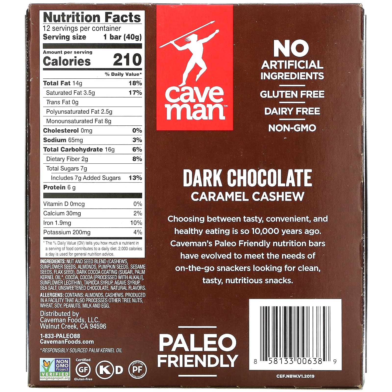 Caveman Foods, Nutrition Bars, Dark Chocolate Caramel Cashew, 12 Bars, 1.41 oz (40 g) Each