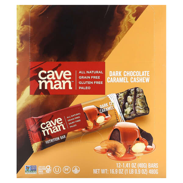 Caveman Foods, 營養棒，黑巧克力焦糖腰果，12 根，每根 1.41 盎司（40 克）