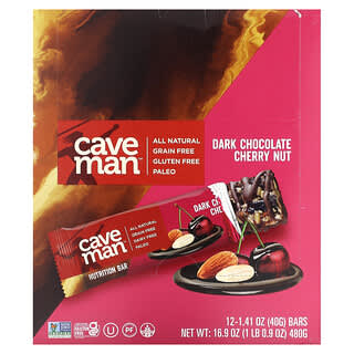 Caveman Foods, Barrita Nutrition, Chocolate negro y cerezas, 12 barritas, 40 g (1,41 oz) cada una