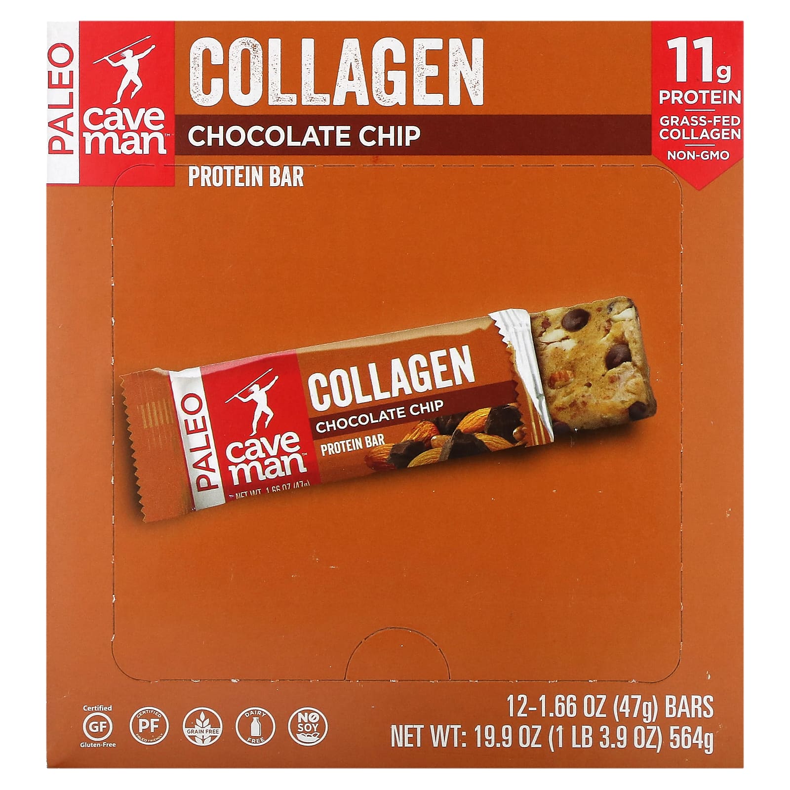Caveman Foods, Collagen Protein Bar, Chocolate Chip, 12 Bars, 1.66 oz