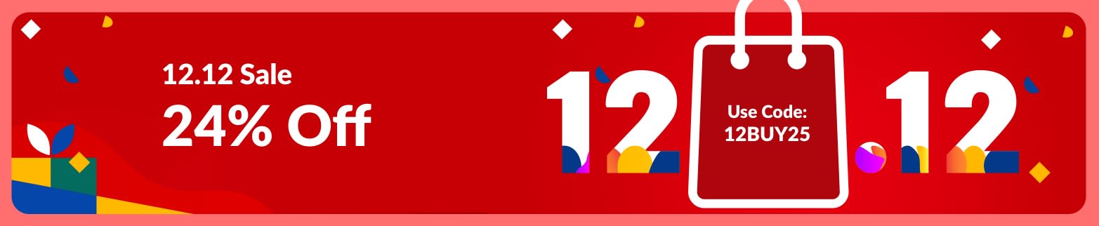 iHerb 12.12 Sale banner offering 24% off with promo code 12BUY25 on a festive red background with gift and confetti graphics.