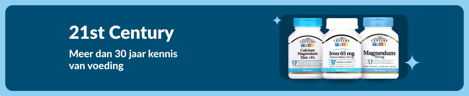 21st Century banner met calcium-, magnesium-, zink- en ijzersupplementen met de tekst  “Meer dan 30 jaar kennis van voeding