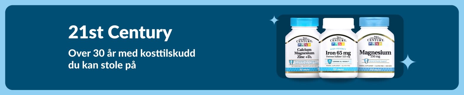 Banner for det 21. århundre med kalsium-, magnesium-, sink- og jerntilskudd med teksten «Pålitelige kosttilskudd i over 30 år».