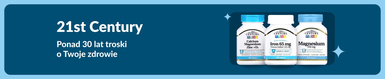 Baner marki 21st Century przedstawiający suplementy z wapniem, magnezem, cynkiem i żelazem, z hasłem:Ponad 30 lat zaufanej opieki żywieniowej