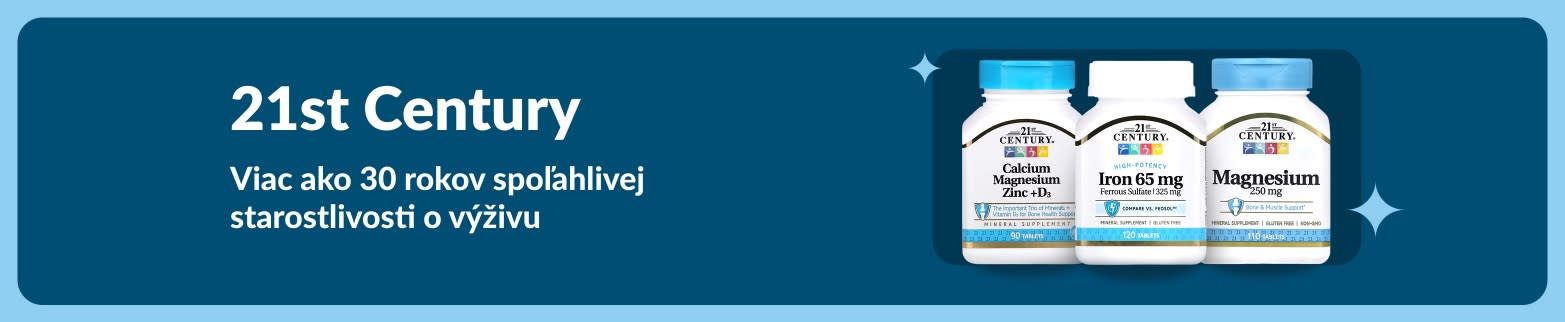 Banner značky 21st Century s doplnkami vápnika, horčíka, zinku a železa s textom „Viac ako 30 rokov spoľahlivej starostlivosti o výživu.“