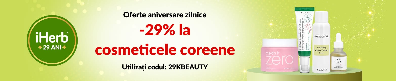 Oferte zilnice – iHerb 29 de ani. 29% reducere la cosmeticele coreene cu codul 29KBEAUTY.