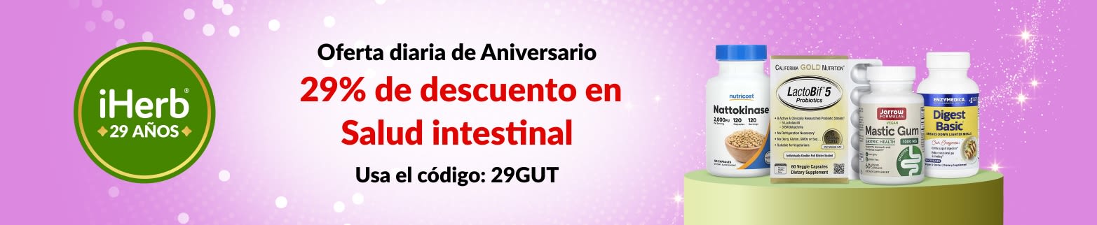 Oferta diaria por el 29.º Aniversario de iHerb: 29% de descuento en Salud intestinal con el código: 29GUT.