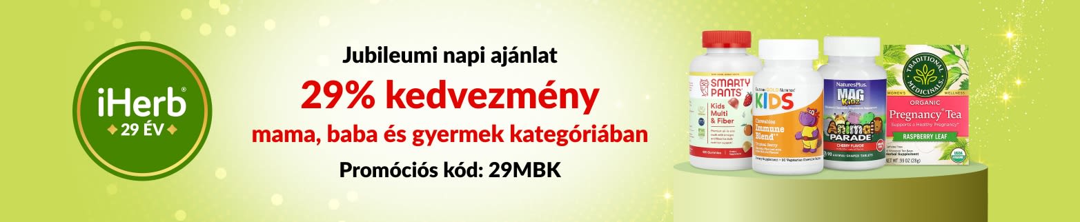 iHerb 29. jubileumi napi ajánlat – 29% kedvezmény a mama, baba és gyermek kategóriában a 29MBK kóddal.