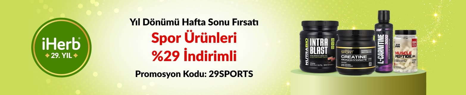 iHerb 29. Yıl Dönümü Teklifi - 29SPORTS koduyla Spor Ürünleri %29 indirimli 