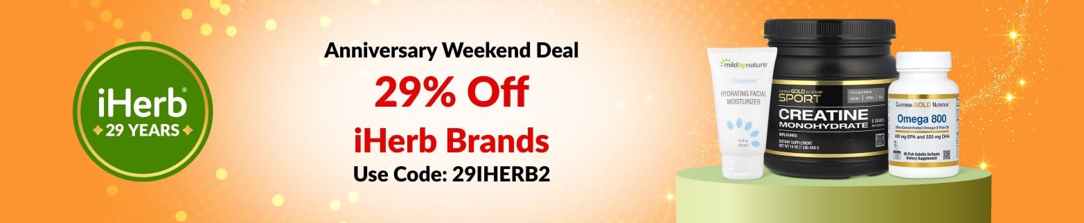 iHerb 29th Anniversary banner offering 29% off iHerb brands with code 29IHERB2, featuring probiotics, shampoo, and vitamins.