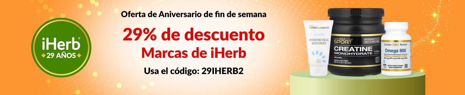 Banner del 29.º Aniversario de iHerb: 29% de descuento en Marcas de iHerb con el código: 29IHERB2, incluye probióticos, champús y vitaminas.