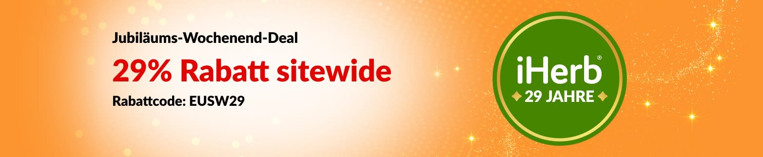 Banner zum 29. Jubiläumswochenende von iHerb mit 29% Rabatt sitewide mit dem Code EUSW29.