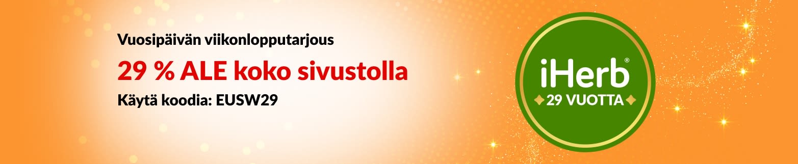 iHerbin 29-vuotisjuhlavuoden viikonloppubanneri, jossa on 29 % alennus kaikista tuotteista koodilla EUSW29.