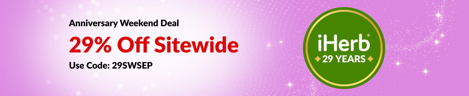 iHerb 29th Anniversary weekend banner offering 29% off sitewide with code 29SWSEP, on all products.
