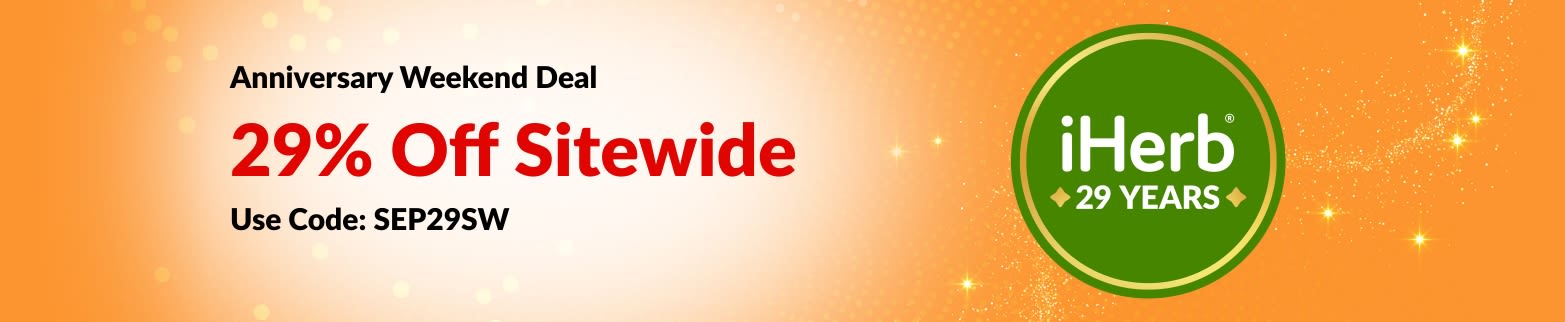 iHerb 29th Anniversary weekend banner offering 29% off sitewide with code SEP29SW, on all products.