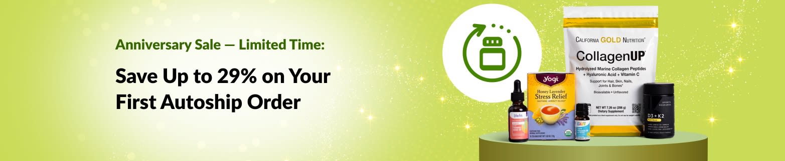 iHerb 29th Anniversary sale banner offering up to 29% off first Autoship order, featuring wellness products.