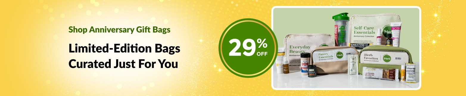 iHerb 29th Anniversary banner showing limited-edition gift bags with wellness, beauty, and pantry essentials at 29% off.