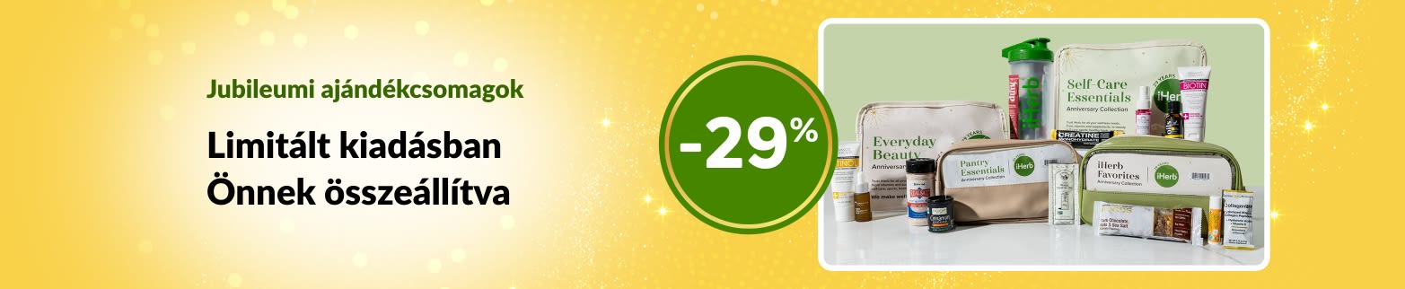 Az iHerb 29. évfordulós bannerje limitált kiadású ajándékcsomagokat ábrázol, amelyek 29%-os kedvezménnyel kínálnak wellness, szépségápolási és élelmiszeripari termékeket.