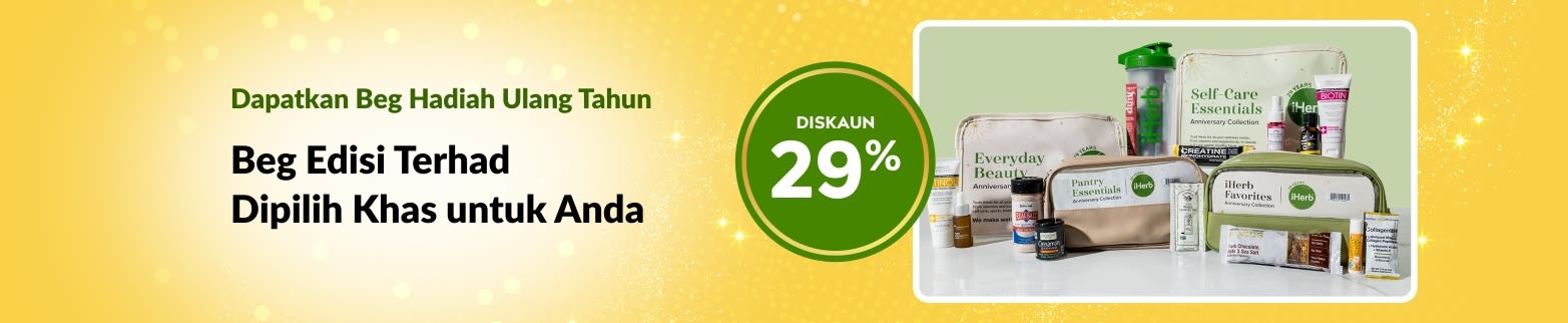 Sepanduk Ulang Tahun ke-29 iHerb menunjukkan beg hadiah edisi terhad dengan keperluan kesejahteraan, kecantikan dan pantri dengan diskaun 29%.