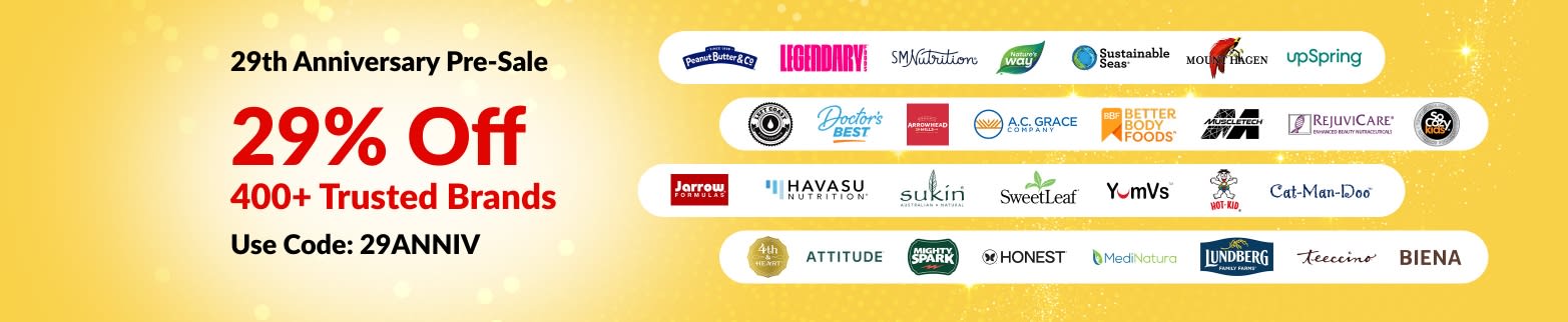 iHerb 29th Anniversary pre-sale banner offering 29% off 400+ trusted brands with code 29ANNIV, featuring brand logos.
