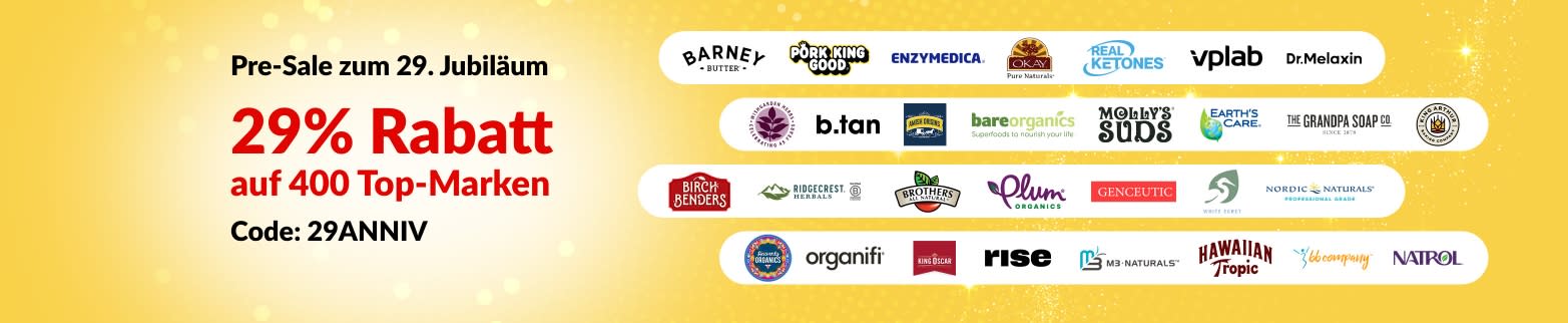 Banner zum Vorverkauf zum 29. Jubiläum von iHerb mit 29% Rabatt auf 400 vertrauenswürdige Marken mit Code 29ANNIV und Markenlogos.