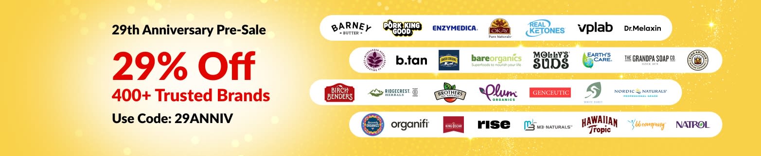 iHerb 29th Anniversary pre-sale banner offering 29% off 400+ trusted brands with code 29ANNIV, featuring brand logos.