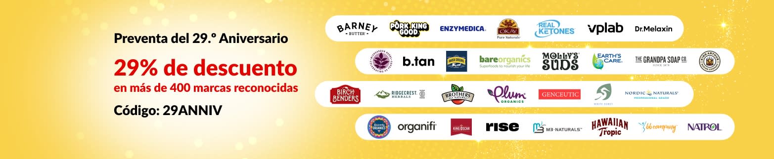 Banner de preventa por el 29.º Aniversario de iHerb. 29% de descuento en más de 400 marcas reconocidas con el código: 29ANNIV.