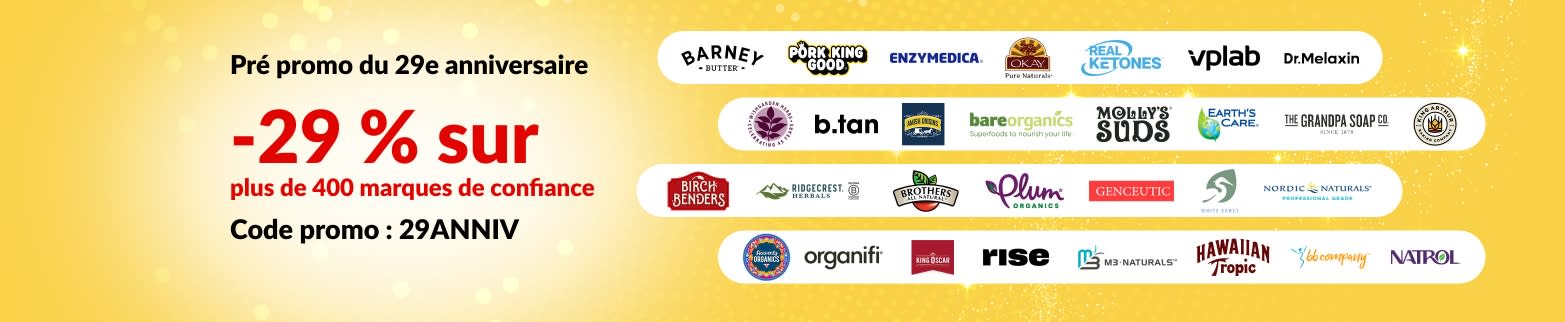 Bannière de pré promo pour le 29e anniversaire d'iHerb offrant 29 % de réduction sur plus de 400 marques de confiance avec le code 29ANNIV, avec les logos des marques.