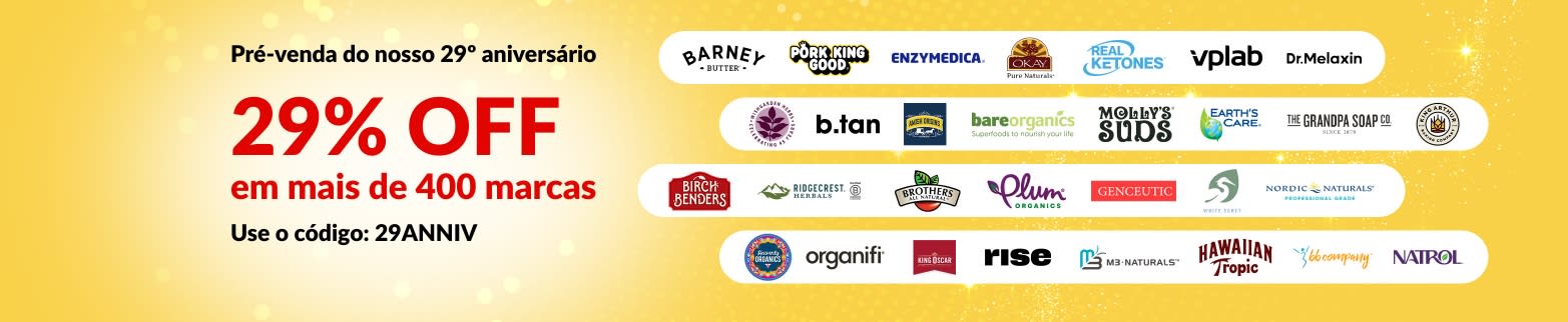 Banner de pré-venda do 29º aniversário da iHerb oferecendo 29% de desconto em mais de 400 marcas ​​com o código 29ANNIV, com logotipos de marcas.