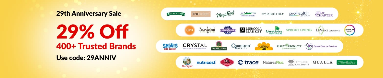 iHerb 29th Anniversary pre-sale banner offering 29% off 400+ trusted brands with code 29ANNIV, featuring brand logos.