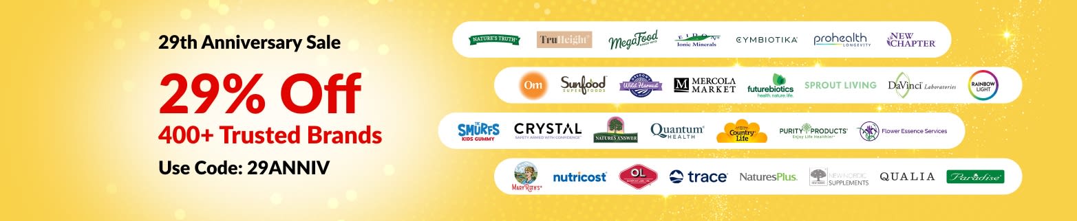 iHerb 29th Anniversary sale banner offering 29% off 400+ trusted brands with code 29ANNIV, featuring brand logos.