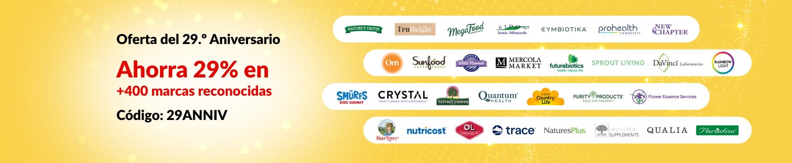 ¡29.º Aniversario de iHerb! Ahorra 29% en +400 marcas reconocidas con el código: 29ANNIV. Incluye logos de marcas destacadas.