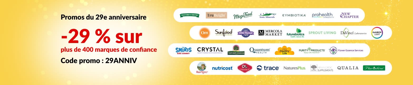 Bannière promotionnelle pour le 29e anniversaire d'iHerb offrant 29 % de réduction sur plus de 400 marques de confiance avec le code 29ANNIV, avec les logos des marques.