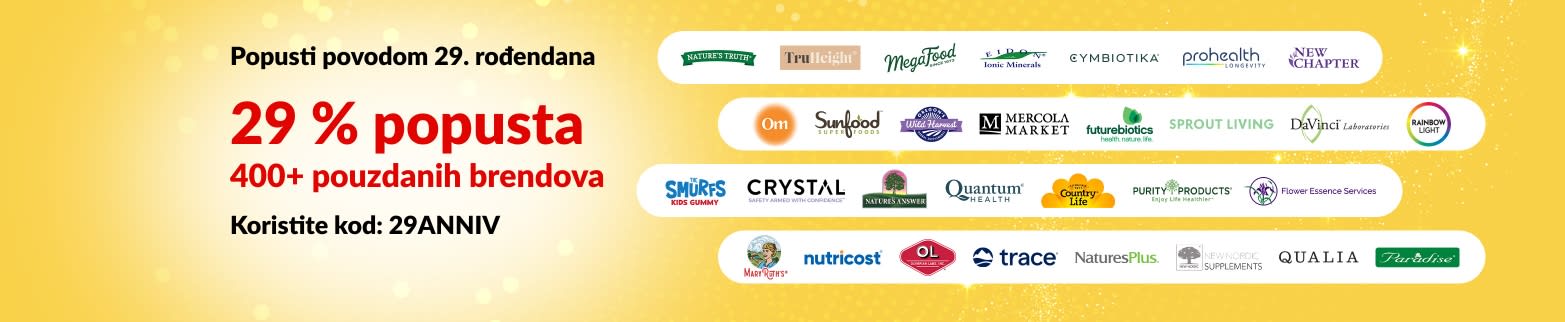iHerb 29th Anniversary sale banner offering 29% off 400+ trusted brands with code 29ANNIV, featuring brand logos.