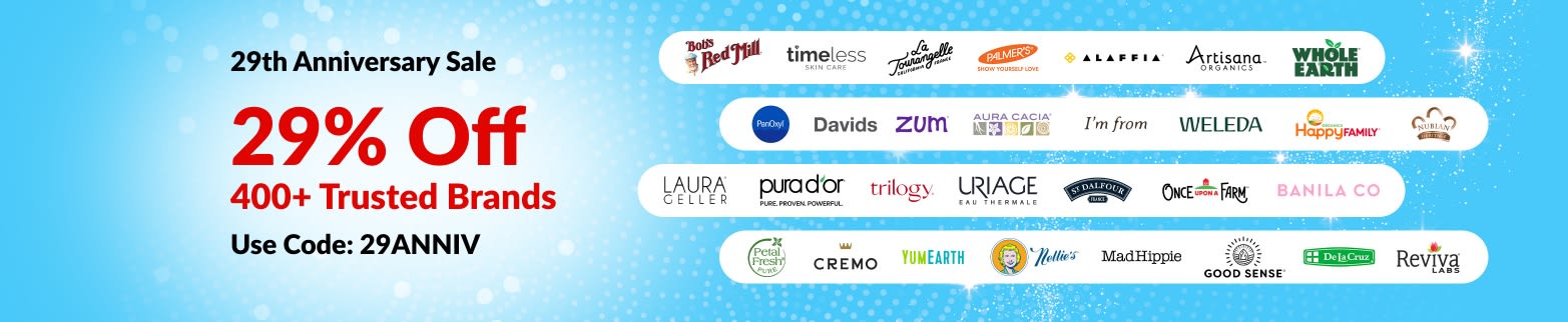 iHerb 29th Anniversary sale banner offering 29% off 400+ trusted brands with code 29ANNIV, featuring brand logos.