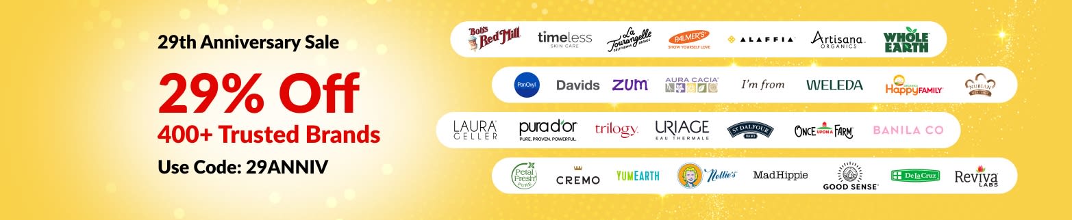 iHerb 29th Anniversary sale banner offering 29% off 400+ trusted brands with code 29ANNIV, featuring brand logos.