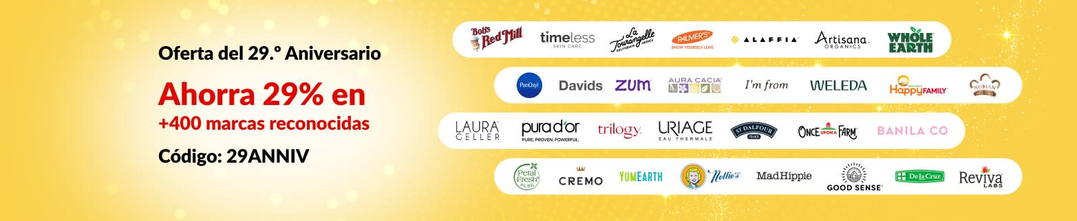 ¡29.º Aniversario de iHerb! Ahorra 29% en +400 marcas reconocidas con el código: 29ANNIV. Incluye logos de marcas destacadas.