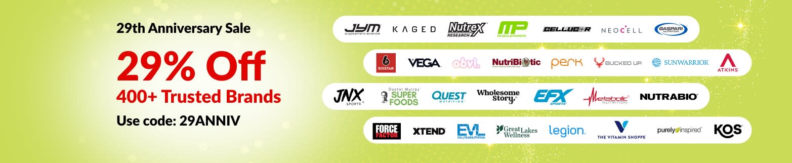 iHerb 29th Anniversary pre-sale banner offering 29% off 400+ trusted brands with code 29ANNIV, featuring brand logos.