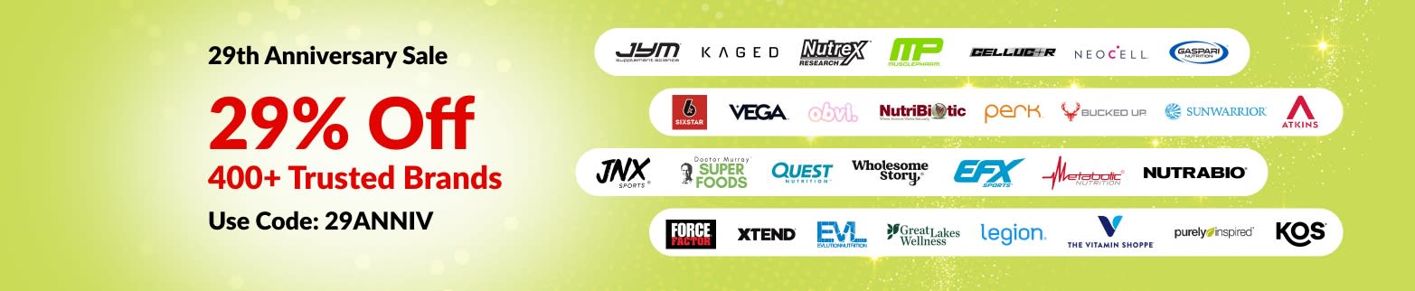 iHerb 29th Anniversary sale banner offering 29% off 400+ trusted brands with code 29ANNIV, featuring brand logos.