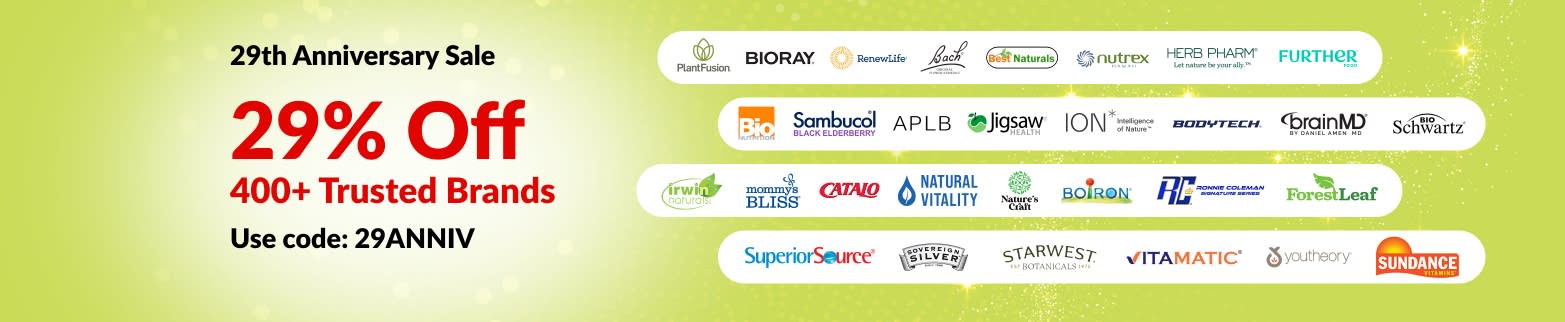 iHerb 29th Anniversary pre-sale banner offering 29% off 400+ trusted brands with code 29ANNIV, featuring brand logos.