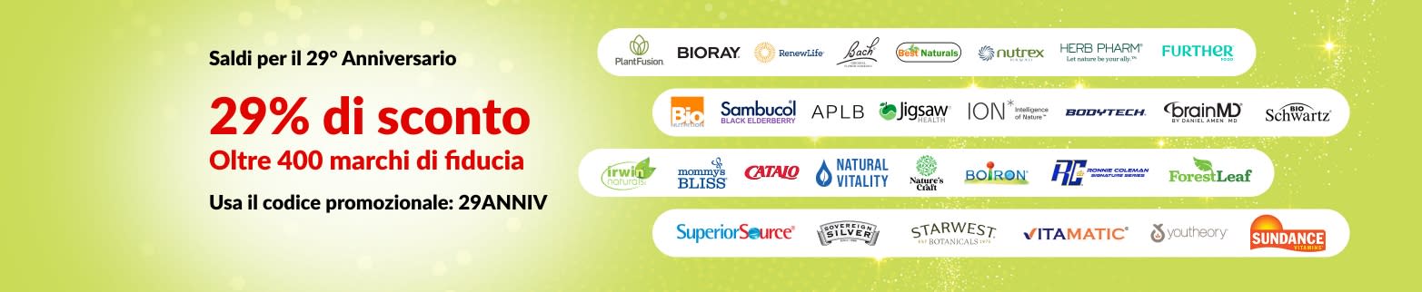 Banner promozionale per il 29° Anniversario di iHerb che offre uno sconto del 29% su oltre 400 marchi di fiducia con il codice 29ANNIV, con i nomi dei marchi.