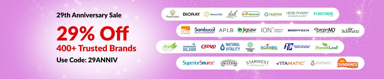 iHerb 29th Anniversary sale banner offering 29% off 400+ trusted brands with code 29ANNIV, featuring brand logos.